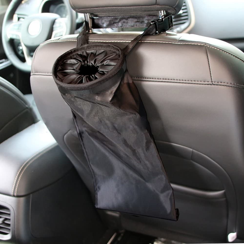 the black garbage bag attached to the back of the passenger seat