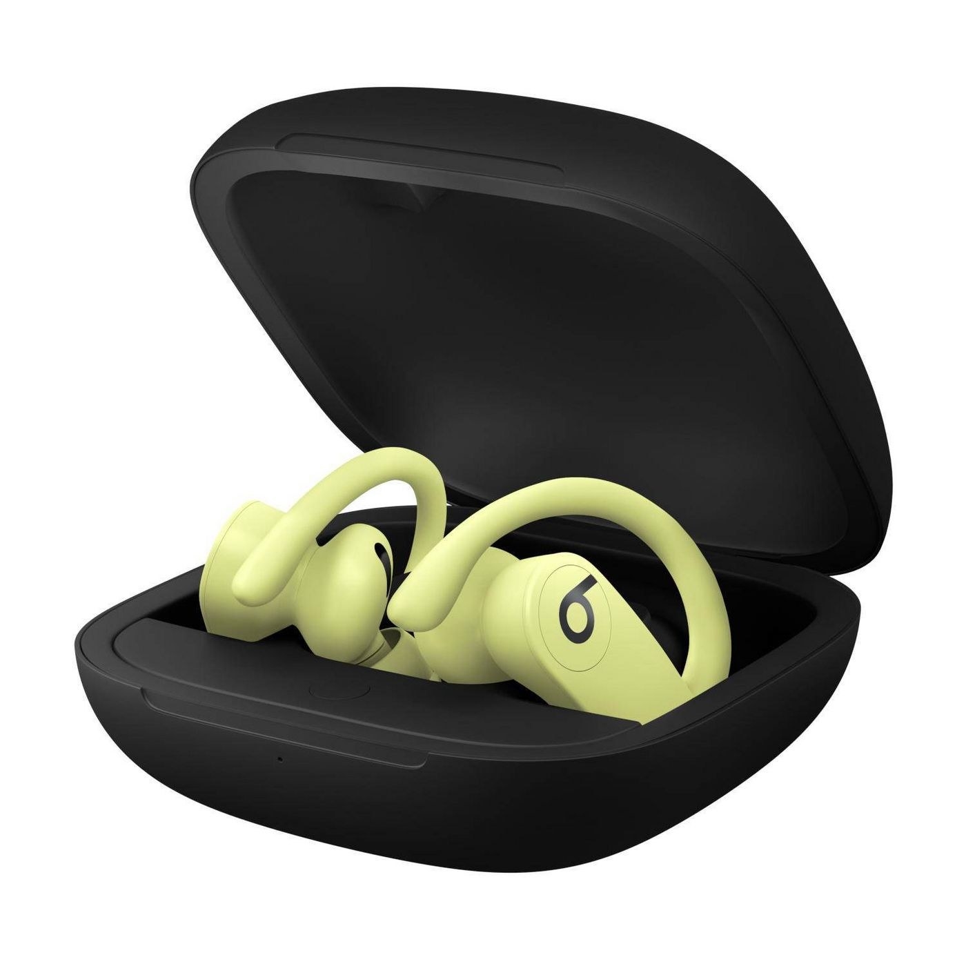 The yellow headphones in a black carrying/charging case