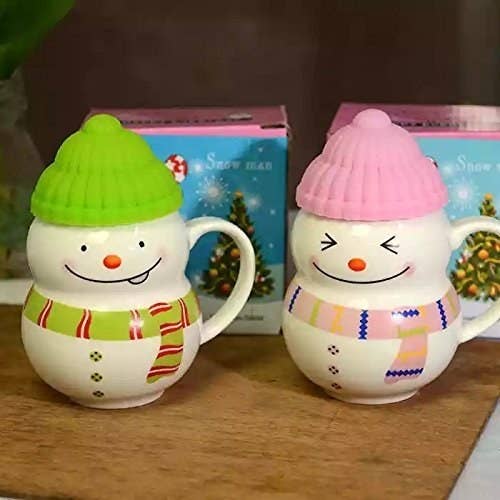 Snowman mugs in pink and green colours