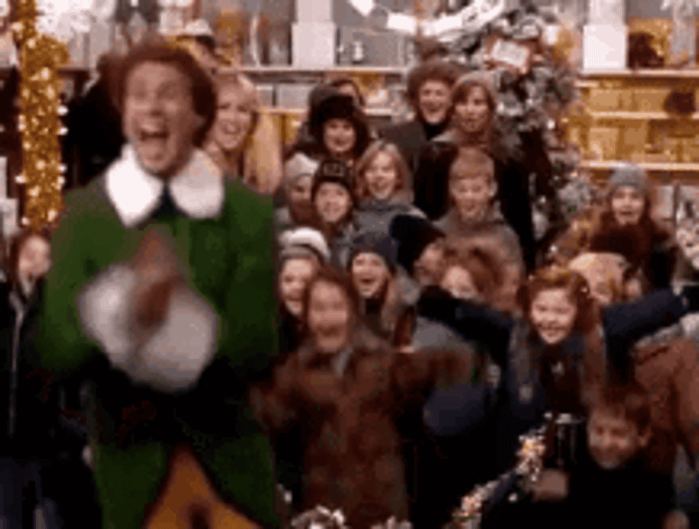 Buddy and a bunch of kids cheering in &quot;Elf&quot;