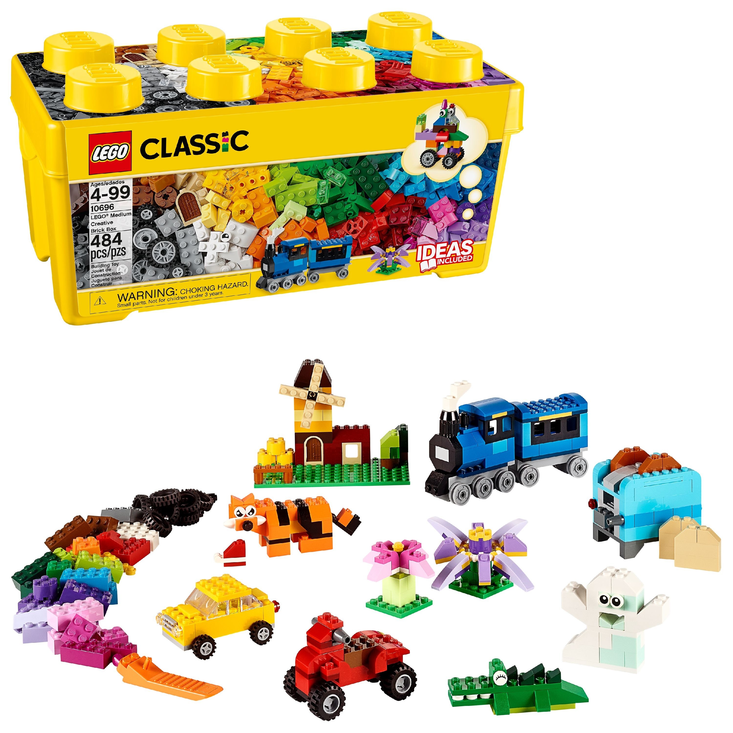 The yellow brick-shaped box and multicolored LEGO bricks