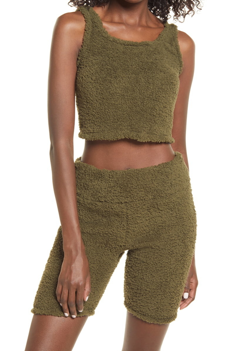 model wearing the olive green fuzzy tank