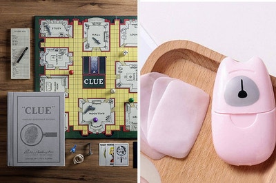 A clue game in a book-shaped box / portable soap sheets