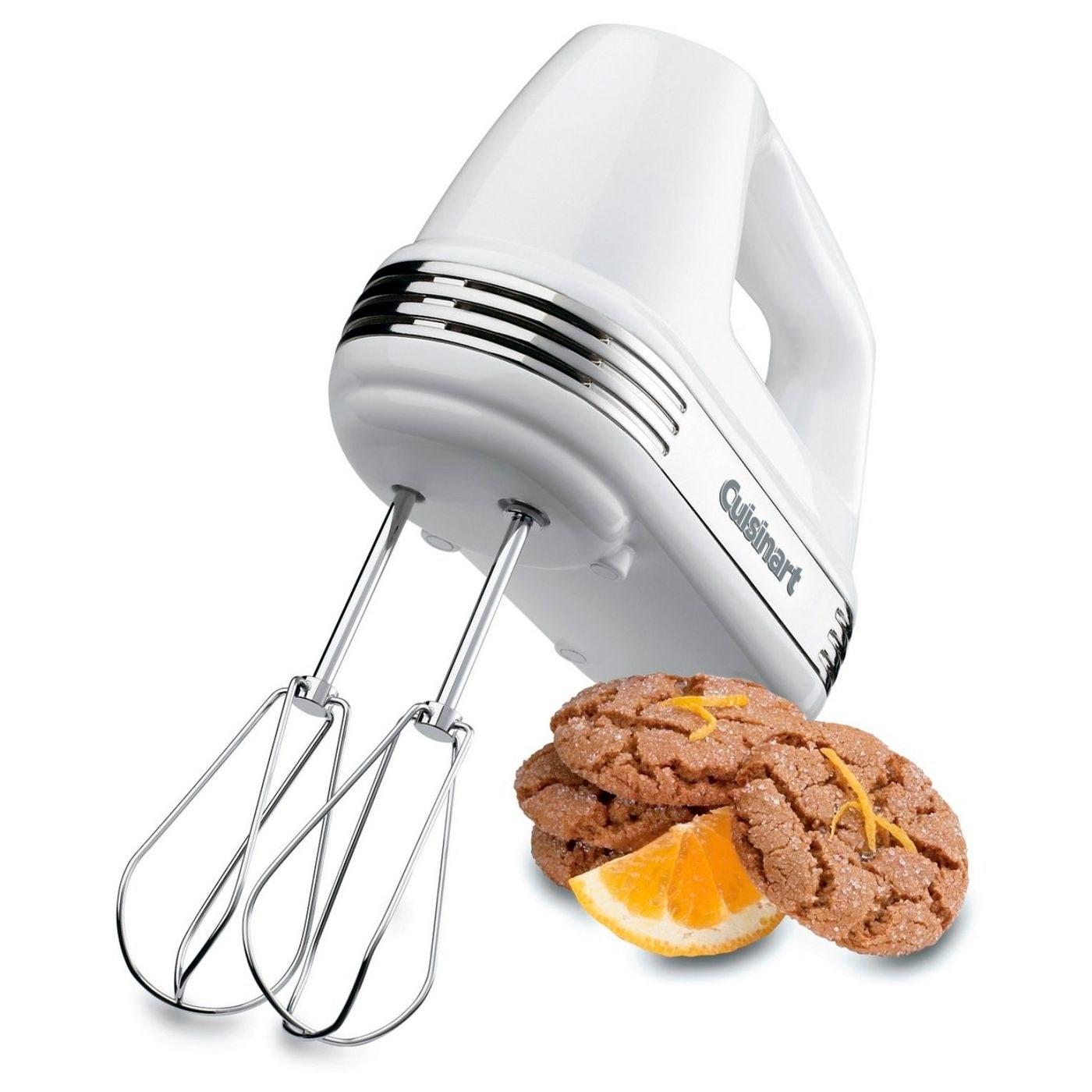 white cuisinart hand mixer with cookies next to it