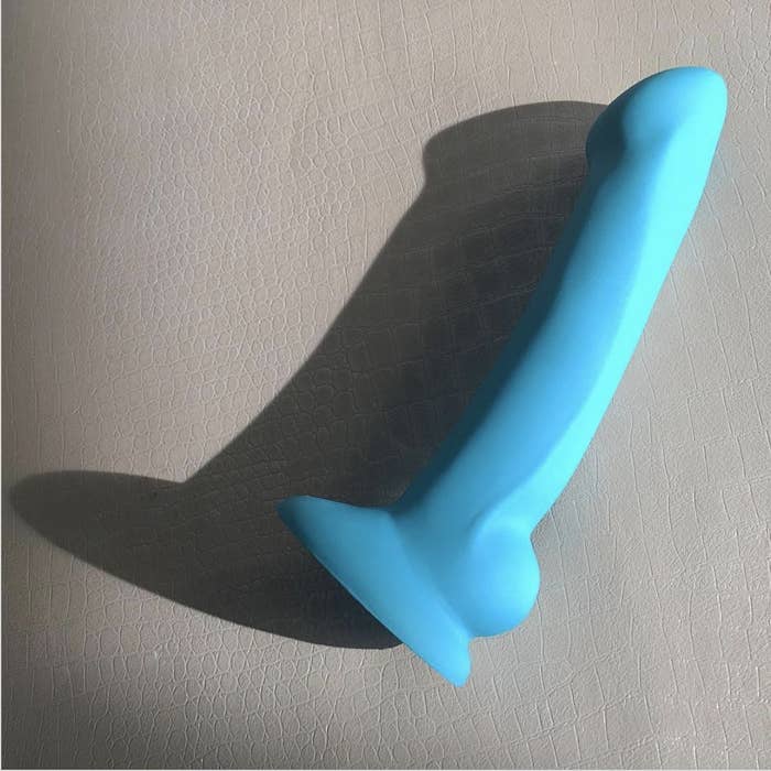 The blue dildo with a slightly enlarged tip