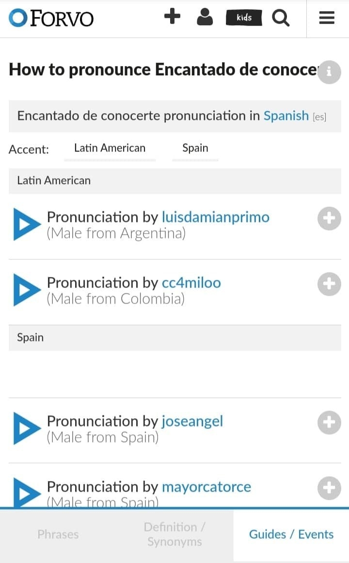 Forvo&#x27;s result page for a Spanish phrase, showing pronunciation recordings submitted by users from Argentina, Colombia, and Spain