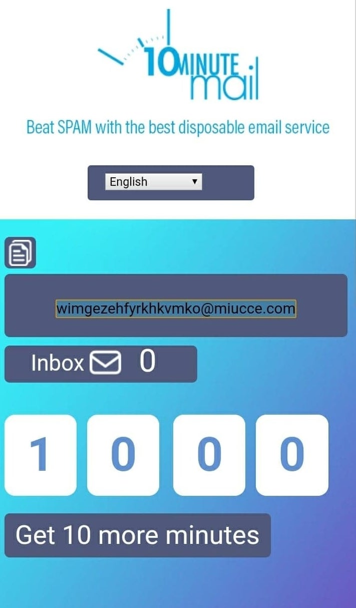 A sample email generated by 10 Minute Mail for users to use for 10 minutes