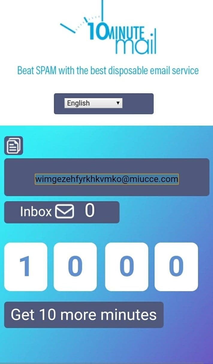 A sample email generated by 10 Minute Mail for users to use for 10 minutes