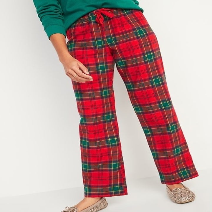 Model in red and green tartan PJ pants