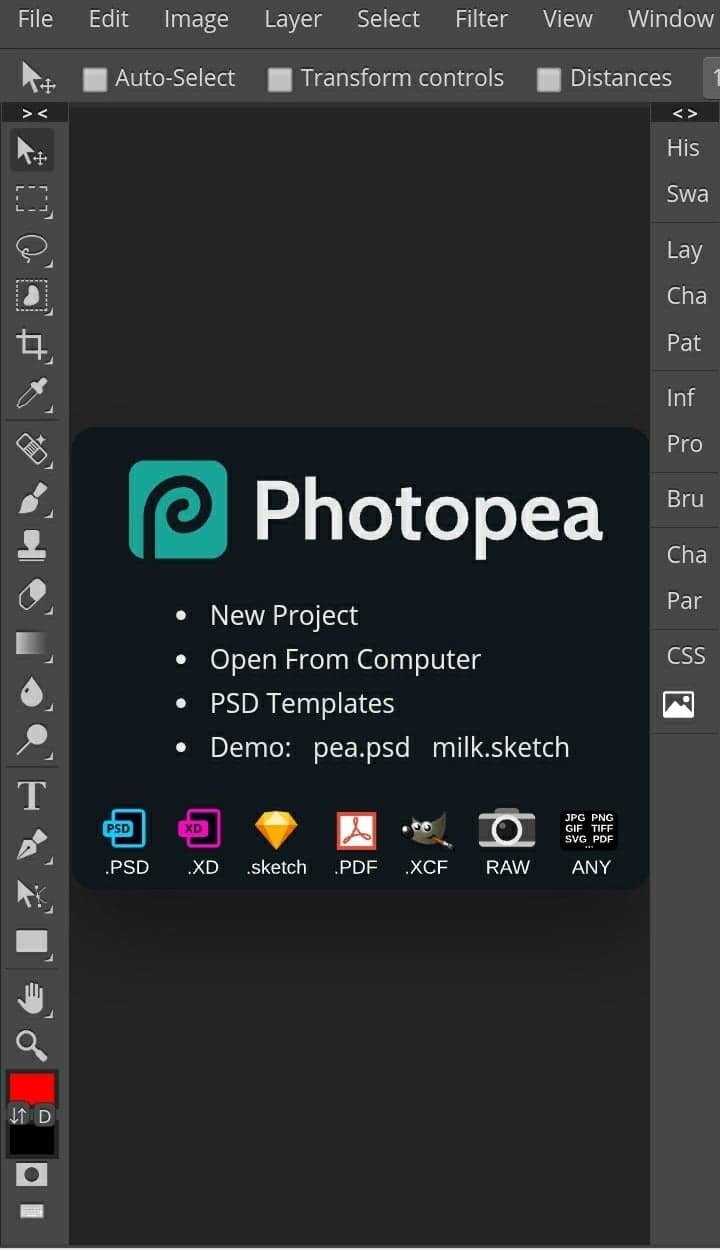 The homepage of &quot;Photopea,&quot; which looks very similar to Adobe Photoshop