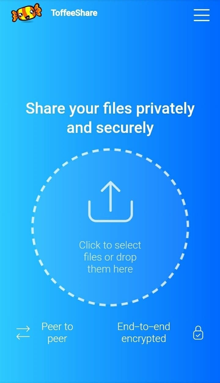 The homepage of ToffeeShare allowing users to select or drag files they want to share