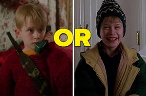 Kevin McCallister is on the left holding a phone and on the right smiling with "or" written in the center