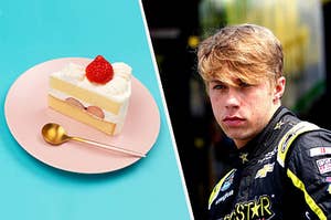 A race car driver next to a slice of cake