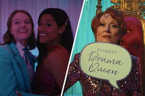 Emma and Alyssa embracing each other at prom on the left and and Meryl Streep as Dee Dee on the right holding a sign that says" biggest drama queen" on the right