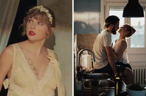 On the left, Taylor Swift in the "Willow" music video, and on the right, a couple kissing in the kitchen