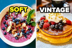 an acai bowl next to a stack of pancakes topped with berries