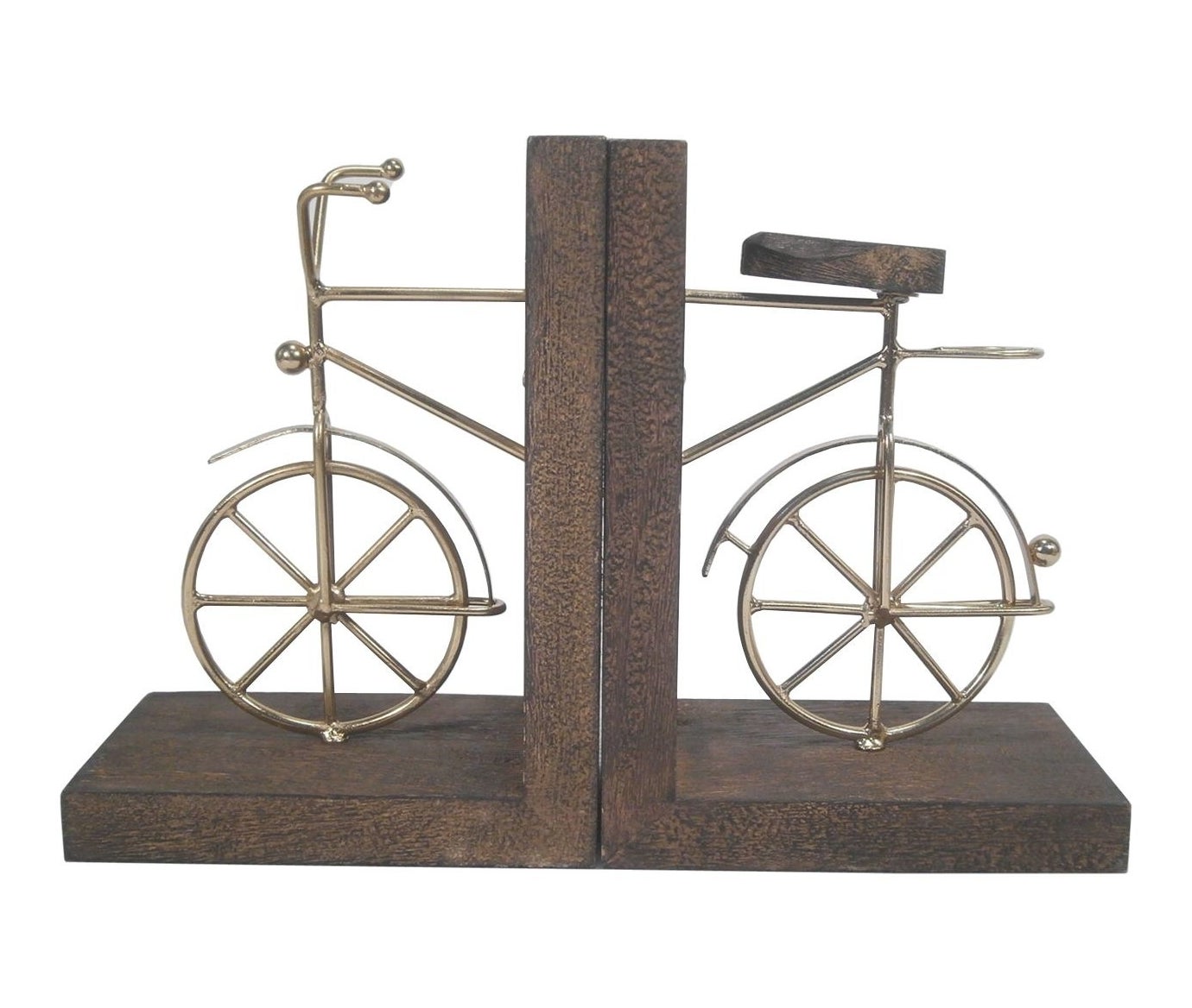 The two bookends, with a metal design of the front and back of a bike