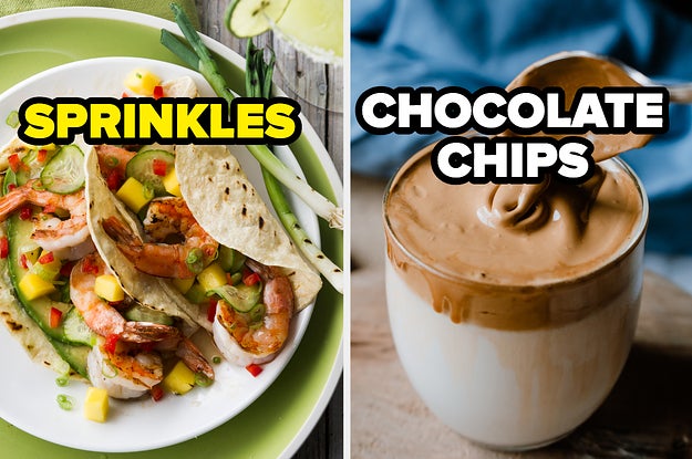 a plate of shrimp tacos next to whipped coffee