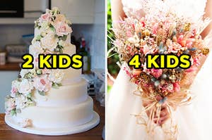 On the left, a 5-tiered wedding cake with flowers going up the side labeled "2 kids," and on the right, a bride holding a bouquet labeled "4 kids"