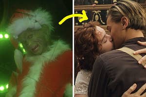 The Grinch in a santa costume on the left and jack and rose from titanic kissing on the right