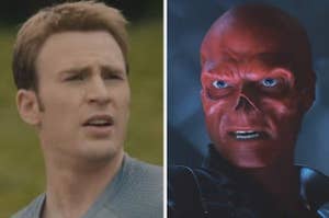 captain america looking confused and red skull