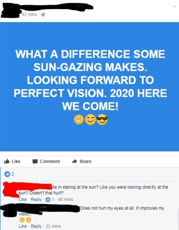facebook post of someone who says theyre staring into the sun to get 2020 vision