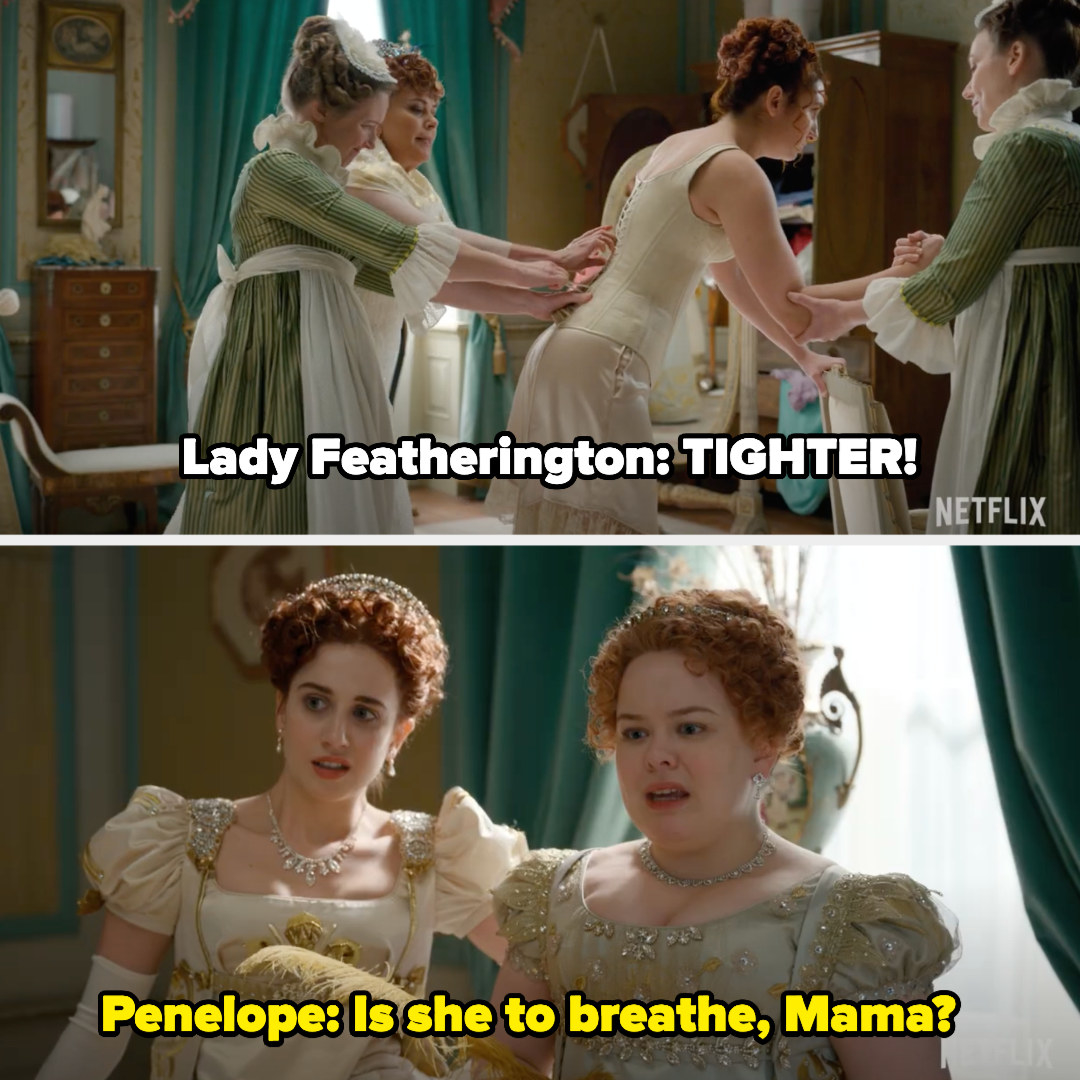 Prudence getting sewed into her corset while Penelope worries about her lung capacity.