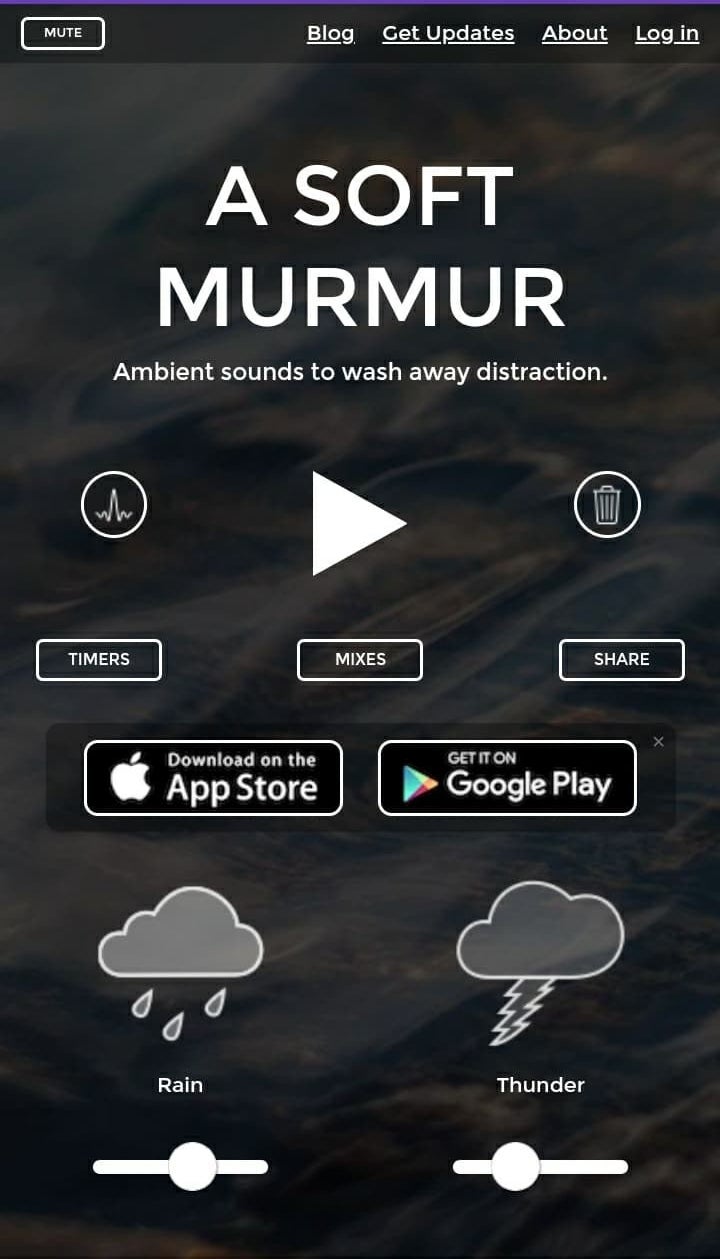 The homepage for &quot;A Soft Murmur&quot; showing tools to adjust different sounds, like rain and thunder