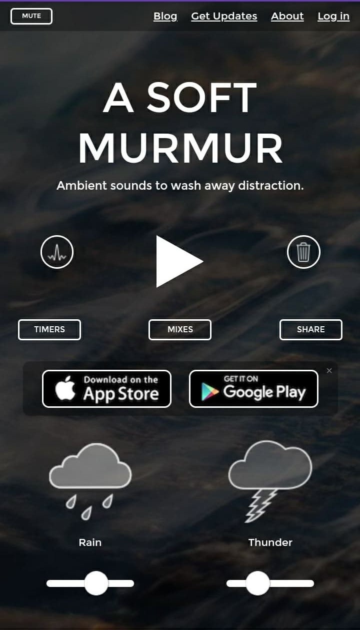The homepage for "A Soft Murmur" showing tools to adjust different sounds, like rain and thunder