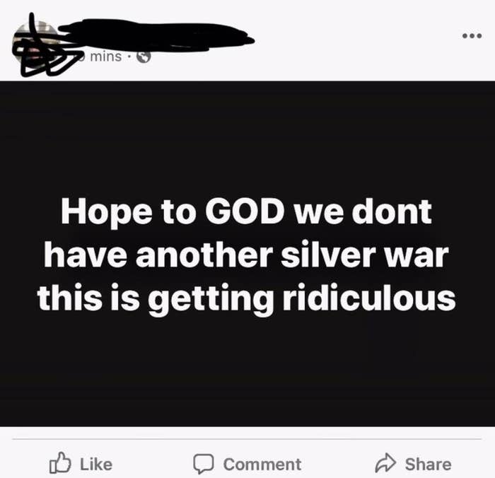 facebook帖子阅读上帝希望我们不要x27; t有另一个银色的战争这是荒谬的