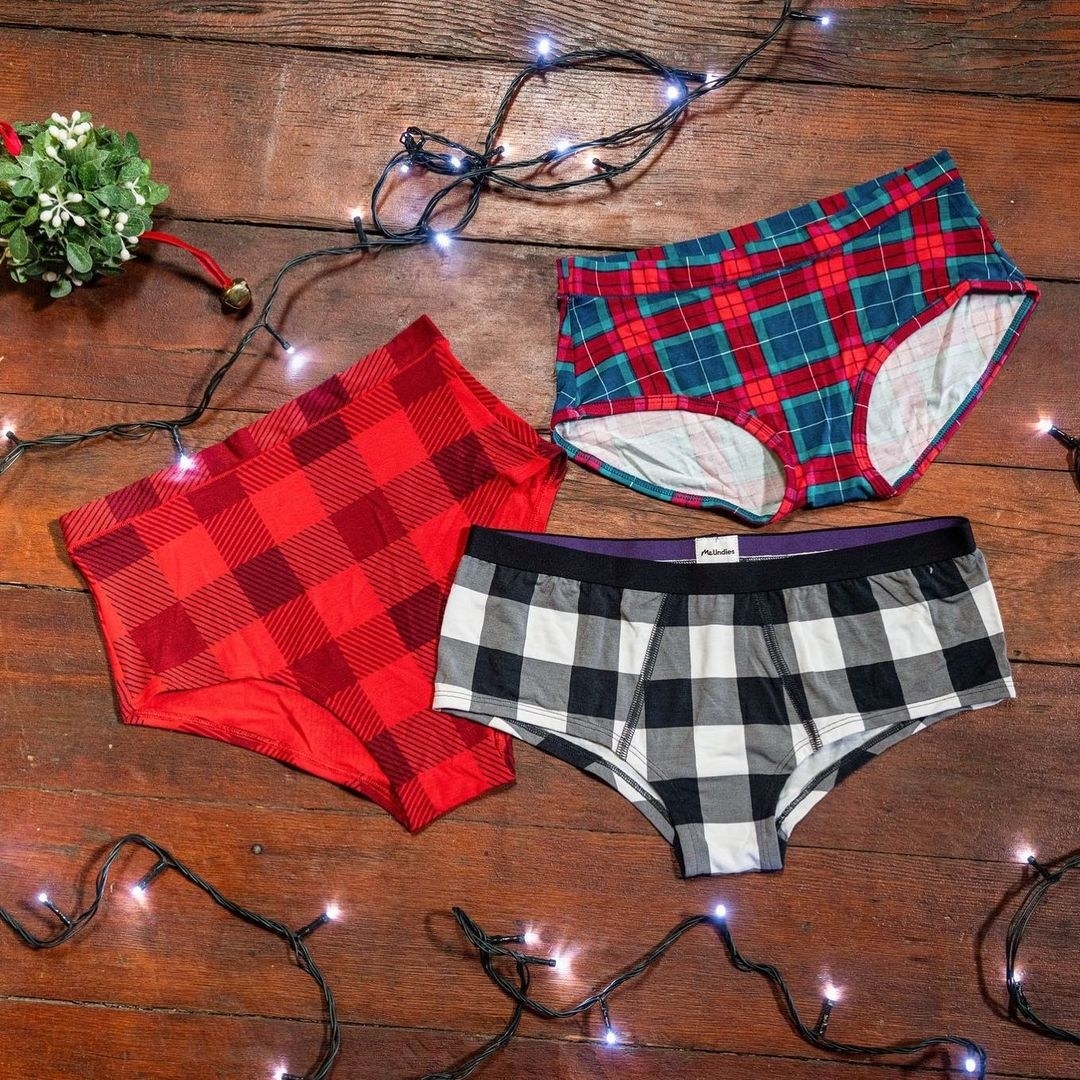 three different pairs of plaid underwear 