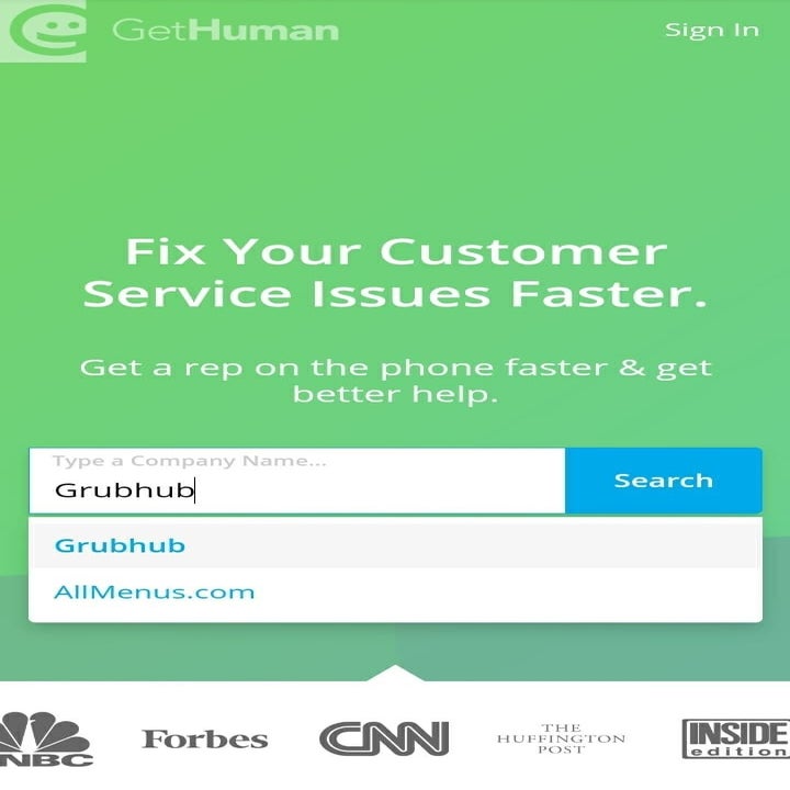 The homepage for "GetHuman" showing the search bar 