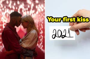 Taylor Swift is hugging a man on the left with a 2021 index card on the right labeled, "Your first kiss"