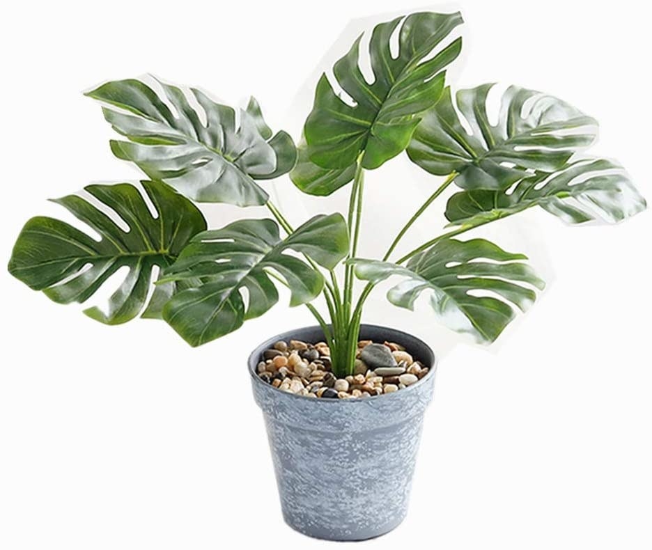 faux monstera plant in a silver-tone planter with rocks 