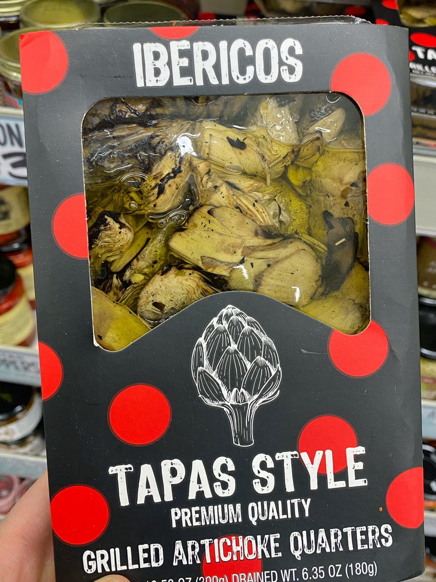 Marinated grilled artichoke quarters in packaging from Trader Joe's.