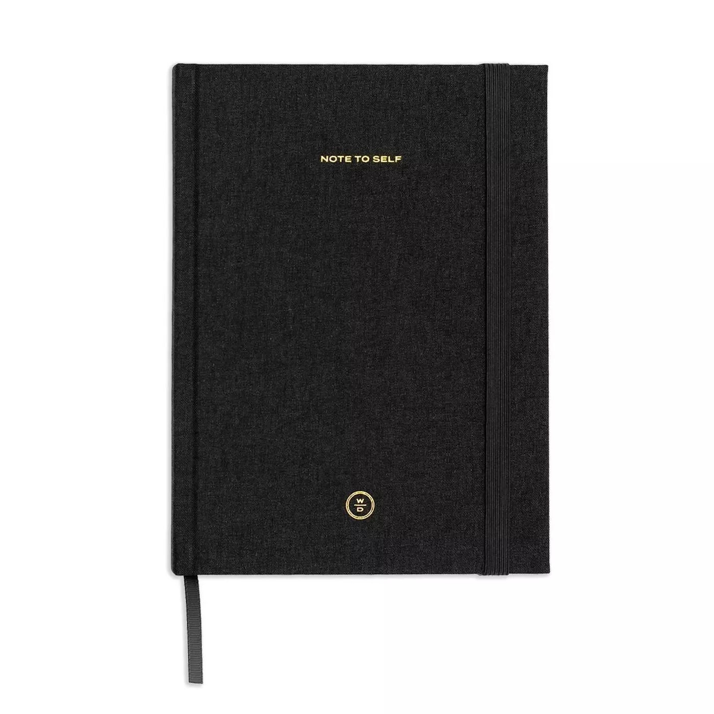 Black notebook with the text &quot;note to self&quot; embossed in gold on the cover