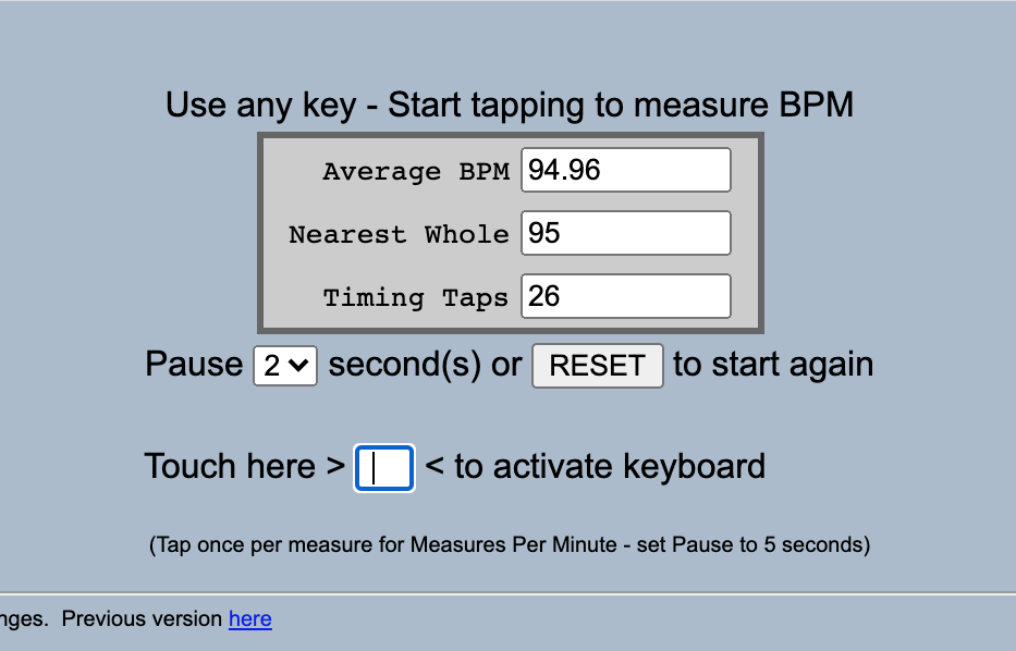 The homepage for all8&#x27;s Tap for BPM tool that instructs users to continuously tap any key on their keyboard to measure BPM