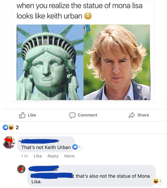 facebook post reading when you realize the statue of mona lisa looks like keith urban and it's a picture of the statue of liberty and owen wilson