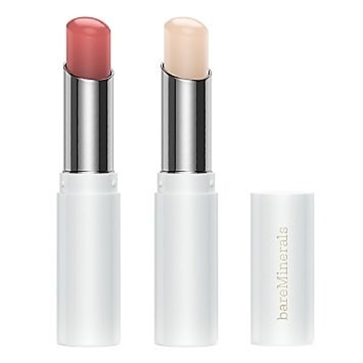 two lip balms, one with a rose tint, one with no tint