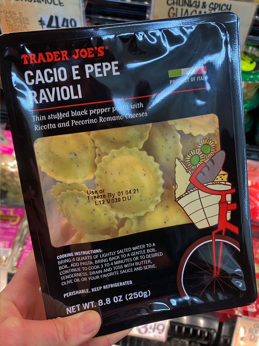 A box of pre-cooked Cacio e Pepe Ravioli from Trader Joe&#x27;s.