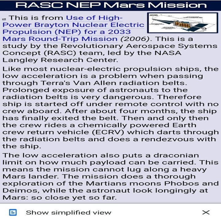 An entry from "Atomic Rockets" explaining the use of nuclear electric propulsion for a round-trip Mars mission