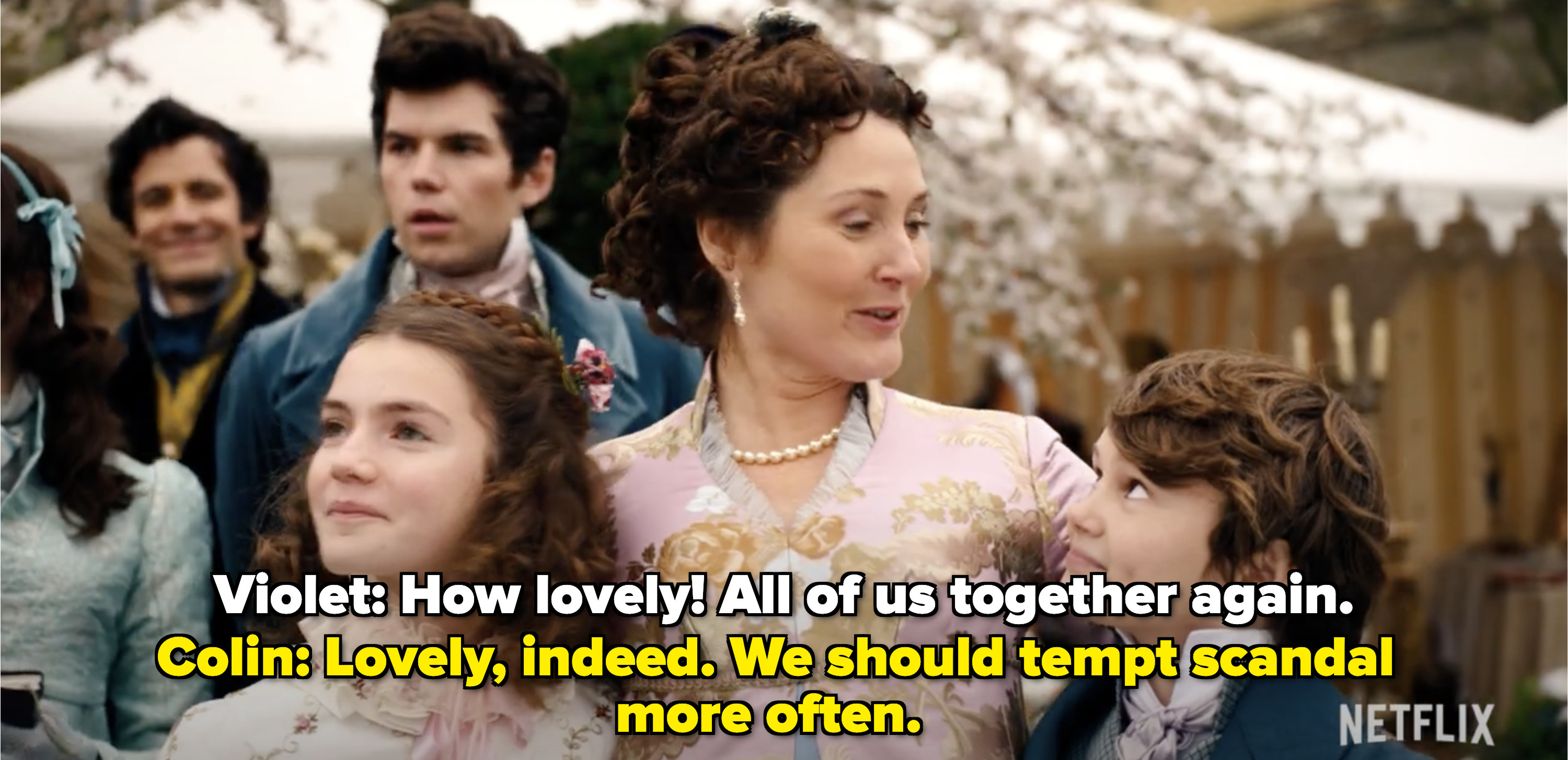 Violet Bridgerton surrounded by her family
