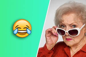Betty White next to a laughing emoji