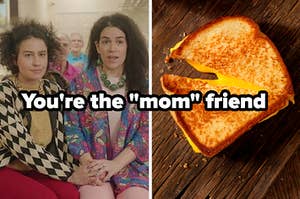 two women hold hands next to a grilled cheese