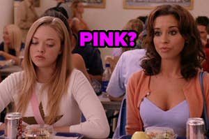 Gretchen and Karen from Mean Girls with "pink?" written between them