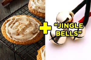 On the left, a pumpkin spice cookie, and on the right, some bells labeled "Jingle Bells" with a plus sign in between the two images