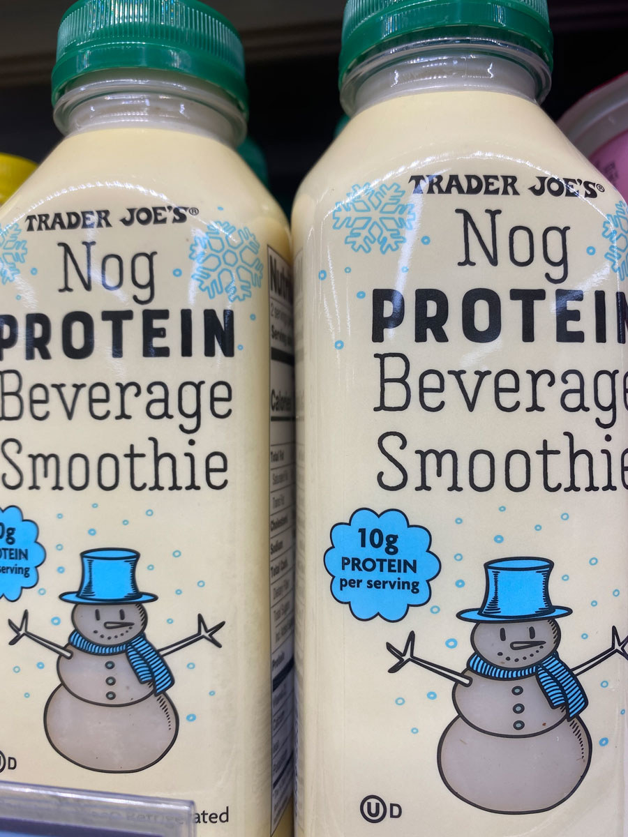 Two bottles of nog protein smoothies.