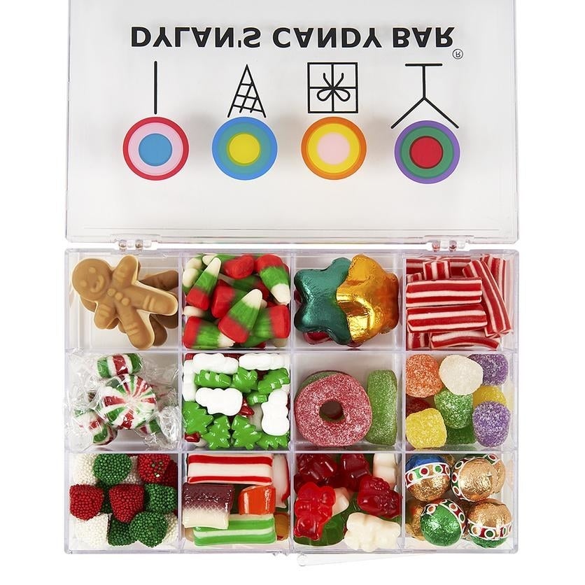 box full of 12 different types of holiday candy