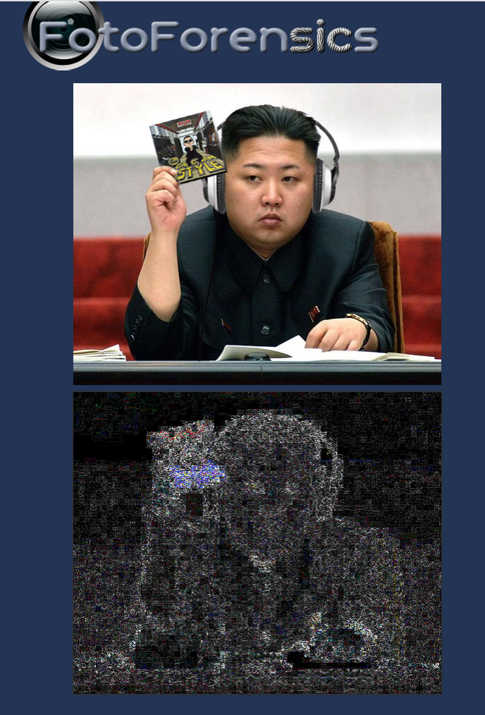 &quot;FotoForensics&quot; showing an obviously photoshopped photo of Kim Jong-Un holding a &#x27;Gangnum Style&#x27; CD, next to the same image showing its error level analysis 
