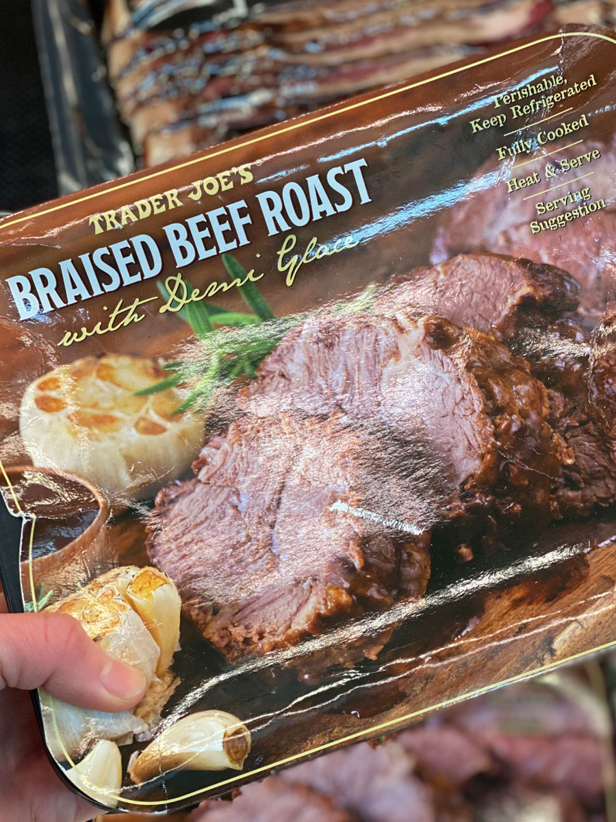 A box of fully cooked braised roast beef with demi glace from Trader Joe&#x27;s.